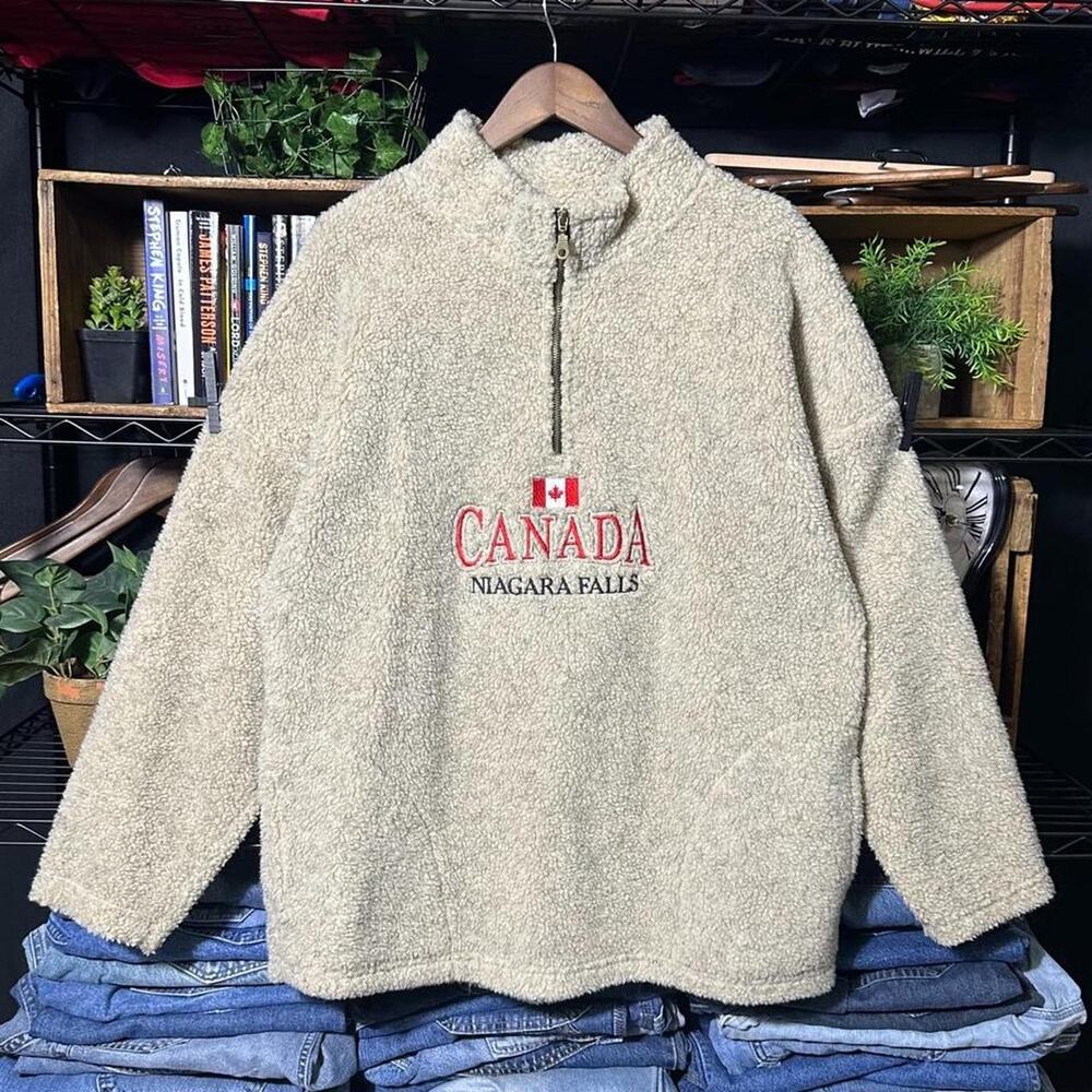Vintage 90s Canada Niagara Falls Fleece Quarter Zip Sweatshirt XL Tan Sweater